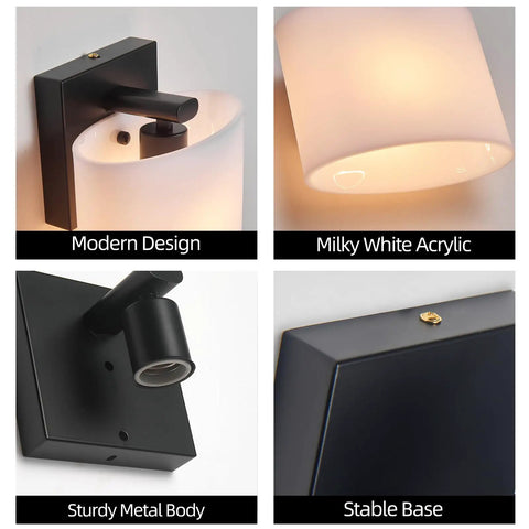 AuroraSpher Indoor Hardwired Modern Milky White Acrylic Black Wall Sconce detail featuring modern design and sturdy metal body.