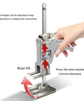 Rugged Carbon Steel Furniture Lifting Jack Adjustable Multi Purpose cabinet installer hoist in use, showing adjustable height and lever operation.