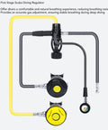 First Stage scuba regulator with yoke system, black and yellow tubes, precise airflow control, aluminum alloy build visible