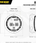 Diagram of Nepto Freediving Watch Computer with Ultra Compact 48mm Case and 35mm High Contrast Display, front and side view.