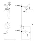 Technical drawing of Matte Black Shower System With Tub Spout And 2 In 1 Rainfall Head With Handheld, 3 Way Diverter Valve Kit