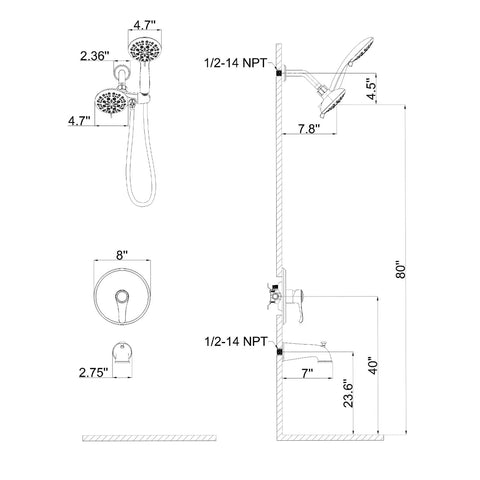 Technical drawing of Matte Black Shower System With Tub Spout And 2 In 1 Rainfall Head With Handheld, 3 Way Diverter Valve Kit