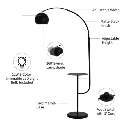 Black Floor Lamp With Marble Table Base 79 Inch Modern Industrial Arc Lamp Adjustable Gooseneck Dimmable Three Color Lights Standing Lamp