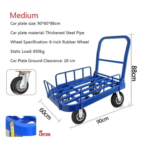Rugged Heavy Duty Folding Flatbed Cart With Guardrail Enclosure And Beefy Steel Frame For Easy Hauling At The Jobsite, Garage, Or Warehouse, Smooth Rolling Wheels, 60x90x88 CM, blue steel, 6-inch wheels