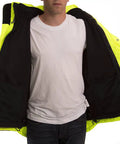 Person showing inside of Icon 3.1 Hi Vis Jacket With Phase 1 Black Fleece Liner, Attached Hood, Large, Fluorescent Yellow Green