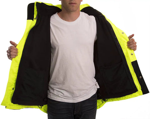 Person showing inside of Icon 3.1 Hi Vis Jacket With Phase 1 Black Fleece Liner, Attached Hood, Large, Fluorescent Yellow Green