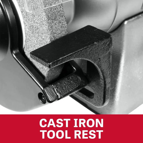 Close-up of cast iron tool rest for Built Like A Tank One Horsepower Variable Speed Disc Grinder And Belt Sander Combo.