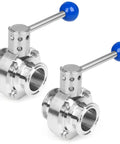 Two 2-inch sanitary butterfly valves, stainless steel 304, with blue pull handles and tri-clamp ends.