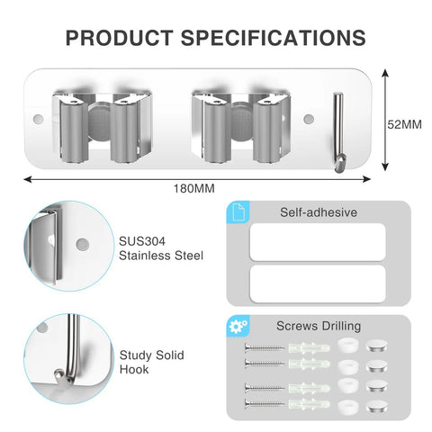 Heavy Duty Wall Mount Mop And Broom Holder 2 Pack With 2 In 1 No Drill And Screw Installation Stainless Steel Organizer Rack With Hooks Rustproof SUS304 Silver dimensions and details