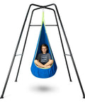 Kid Friendly Sensory Pod Swing Set With Heavy Duty Frame For Indoor Outdoor Play, blue cotton seat with child inside