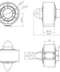 Technical drawings of U2 Mini Underwater Thruster 12 To 16V 130W Brushless Motor Propulsion with dimensions and assembly details.