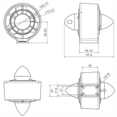 Technical drawings of U2 Mini Underwater Thruster 12 To 16V 130W Brushless Motor Propulsion with dimensions and assembly details.