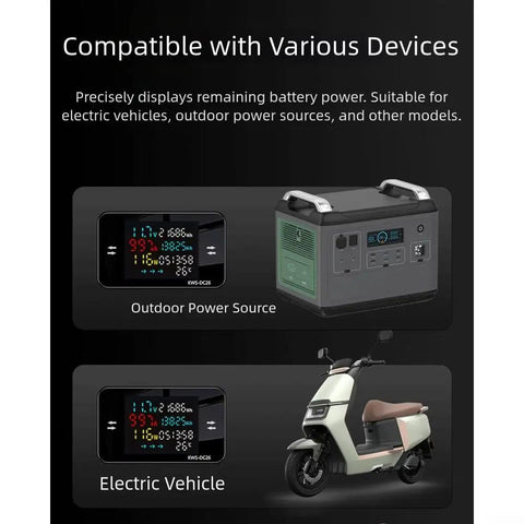 Hardcore Dc Power Meter And Battery Load Tester 8 To 80 Volt 50 Amp Analyzer With Sleek Color Lcd Screen For Ev And Solar Gear Plug And Go Design With Xt60 And Xt90 Adapters Built In showing stats for an electric vehicle and outdoor power source.
