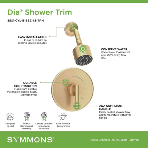 Diagram of Dope Yet Durable Single Handle Single Spray Shower Trim with details on WaterSense certification and easy installation.