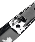 Close-up of zinc plated metal on heavy duty black 27mm ball bearing drawer slide for kitchen cabinets, showing smooth glide mechanism.