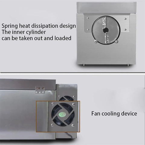 Hardcore Heavy Duty Electric Coffee Bean Roaster With Precise Timer And Adjustable Heat Dial For Roasting Chestnuts Peanuts And Whole Grains Plus A Total Beast Four Thousand Gram Batch Capacity showing heat dissipation design and fan cooling.