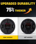 Comparison of new and old Mazda Keyless Ignition Knob and Push Start Button Replacement Kit, highlighting 75% thicker new version.