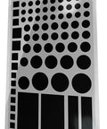 Sheet with multiple black dimming stickers in various shapes and sizes for Maximum Light Dimming Shapes For Routers And Electronics Blocks 100 Percent Of Light With Self Adhering Black Out Edition Indoor Outdoor Use Peel And Stick Minimal Packaging Not For Recording Devices.