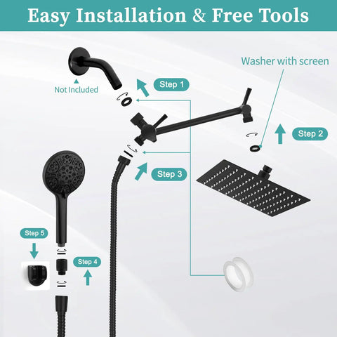 Illustrated steps to install 8 Inch Matte Black Rain Shower Head For Wide Coverage And Powerful Water Flow Dope Easy Install Durable Stainless Steel Shower Head Modern Bathroom Upgrade Rainfall Shower Experience