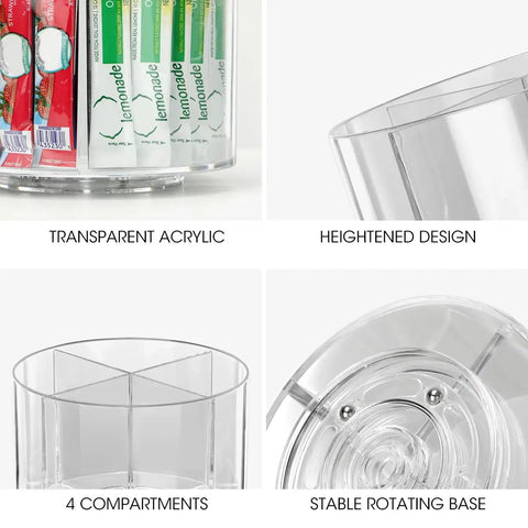 Drink Packet Organizer With 360 Degree Lazy Susan Turntable for Hydration Packets, acrylic container in 4 compartments