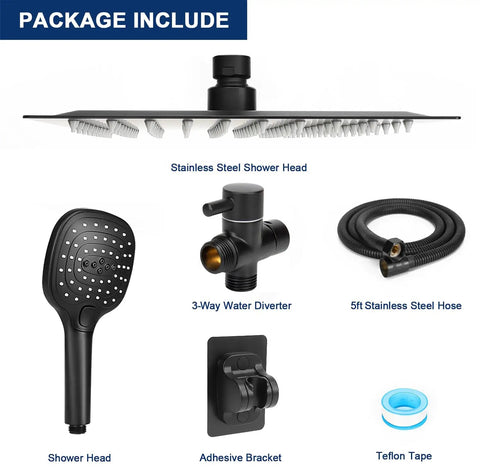 High Pressure Shower Head With Hose And Handheld Spray 3 Settings Push Button Flow Control 8 Inch Matte Black Stainless Steel Rain Shower Combo package contents.