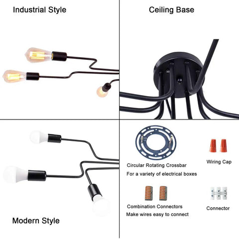 Black Sputnik Ceiling Light Fixture With Eight Adjustable Arms Industrial Semi Flush Mount Chandelier components displayed