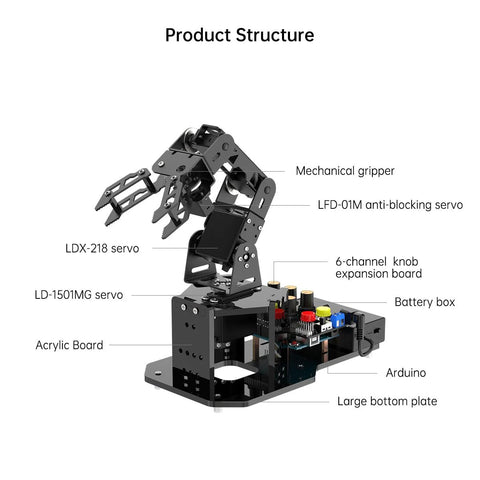 Front view of Arduino-based 5DOF robotic arm kit on a black acrylic base with servo motors and gripper