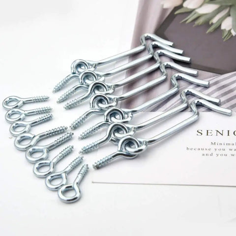 Top Shelf 8 Pack Zinc Coated Steel Window And Door Hooks Paired With Classic Eye Latches Includes Full Mounting Screws, showcasing hooks and screws.