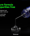 M35 No Clean Ultra Low Residue Lead Free Solder Flux Paste shown in a clear syringe pouring onto a surface