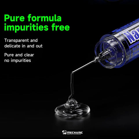 M35 No Clean Ultra Low Residue Lead Free Solder Flux Paste shown in a clear syringe pouring onto a surface