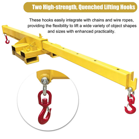 Heavy Duty 2 Ton Telescopic Forklift Jib Boom Built Tough To Kick Some Serious Weight Smooth 12 Foot Extendable Crane Arm with red lifting hooks.