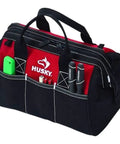 12 Inch Contractor Multi Purpose Water Resistant Tool Bag With Pro Grade Bartec Stitching, showing side pockets and handles.