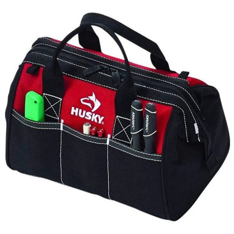 12 Inch Contractor Multi Purpose Water Resistant Tool Bag With Pro Grade Bartec Stitching, showing side pockets and handles.