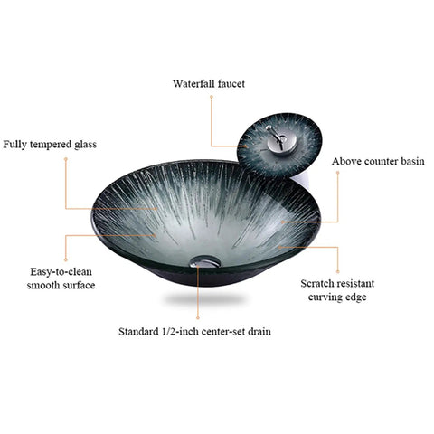 USZWBY 18'' Tempered Glass Vessel Sink,Starlight Design Artistic Bathroom Vessel Sink,Above Counter Basin Bowl with Waterfall Faucet features.