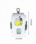 White leather golf ball pouch with belt clip and tee holder, hand stitched for two balls, featuring a map design, size 3.54x2.17 inches