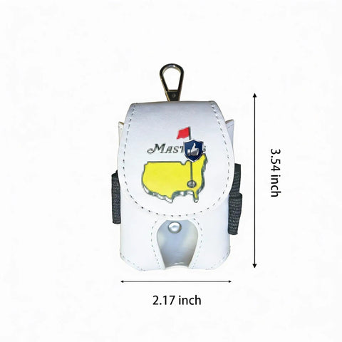 White leather golf ball pouch with belt clip and tee holder, hand stitched for two balls, featuring a map design, size 3.54x2.17 inches