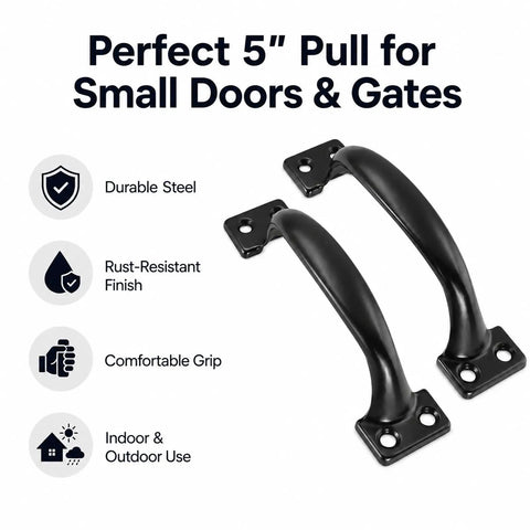 Beefy Heavy Duty 5 Inch Black Steel Gate Handle Pulls For Wooden Fence Barn Shed And Garage Doors 2 Pack Durable Solid Steel Construction For Everyday Use Kit, two black handles