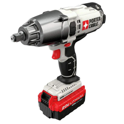 20V Max Impact Wrench Half Inch Hog Ring Chuck With Variable Speed Trigger For Precision Control 260 FTLBS Torque And 1650 RPM Beast Power Pro Grade Lithium Battery for tough auto and construction jobs, depicted at an angle showing the lithium battery.
