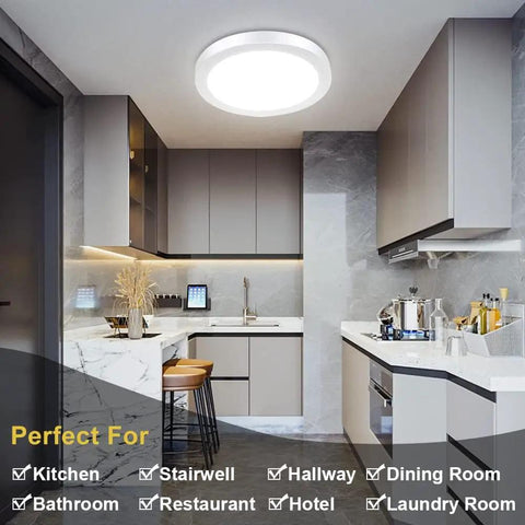 18 Watt Flush Mount LED Ceiling Light 8.86 Inch Surface Mounted Fixture Daylight White 5000K in a modern kitchen