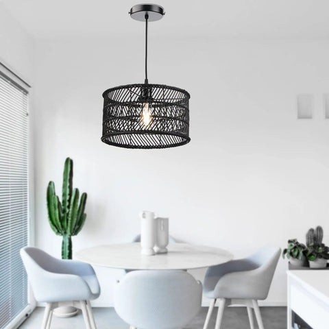 Boho Rattan Chandelier Pendant Light For Dining Room And Kitchen Island, Handwoven Natural Burmese Rattan Ceiling Fixture In Black