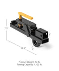 Clamp On Tractor Bucket Hitch Receiver Adapter With Chain Hook And Lifting Ring For Front Bucket Lips Two Inch Receiver 1100 Lb Towing Capacity Easy Slide On Clamp On Design, side view with dimensions.