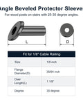 Diagram of 40 Pack Black 1/8 Inch Cable Railing Angle Beveled Protector Sleeves For Wood Posts showing dimensions and angle fit.