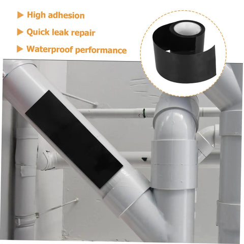Heavy Duty Butyl Repair Tape for Quick Leak Fixes on pipe, showing black tape sealing leak with high adhesion and waterproof performance.