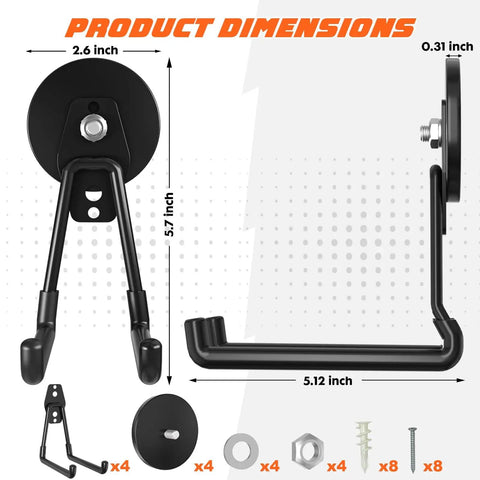 Dimensions of Heavy Duty Magnetic Hooks 4 Pack No Drill Install With Anti Slip Coating, showing side view and accessories.