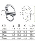 Rock Solid 316 Stainless Steel Snap Shackle Quick Release Swivel Bale Hook dimensions with size chart and measurements.