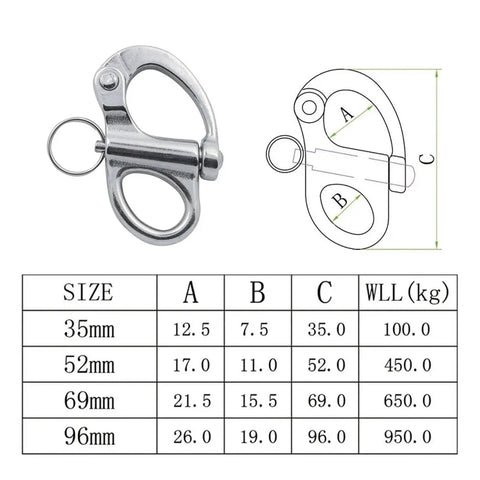 Rock Solid 316 Stainless Steel Snap Shackle Quick Release Swivel Bale Hook dimensions with size chart and measurements.