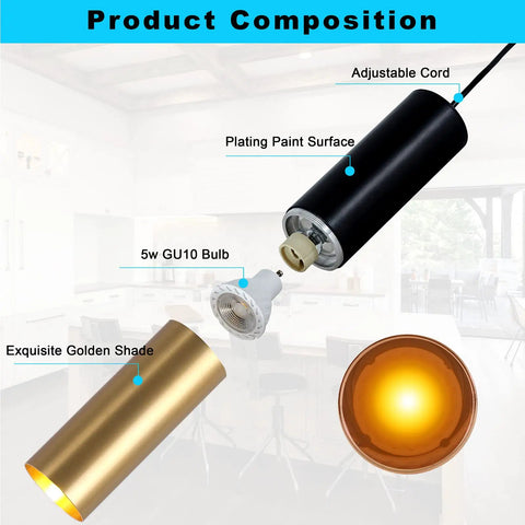 Get These Cool Black And Gold Modern Pendant Lights With Adjustable Cords Cylinder Design Perfect For Kitchen Island Dining Bedroom Living Room Vibes showcasing component parts like black cylinder, gold shade, adjustable cord, and GU10 bulb.