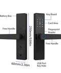 Premium Wireless Smart Door Lock Featuring Biometric Finger Scan And Numeric Keypad Interface, showing dimensions and features like key pad and fingerprint reader.