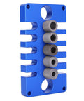 Front view of 3 In 1 Woodworking Drill Guide And Punch Positioner With Pro Grade Precision Aluminum Alloy Dowel Jig, Blue 125mm X 70mm X 30mm