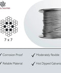 Heavy Duty 3/32 Inch 7x7 Wire Rope Kit With 500 Foot Galvanized Steel Cable And 20 Aluminum Crimp Loop Sleeves, Ideal For Outdoor Rigging Fencing Lifting DIY Projects And Quick Cable Setup. Galvanized steel cable on spool with 7x7 construction illustration.
